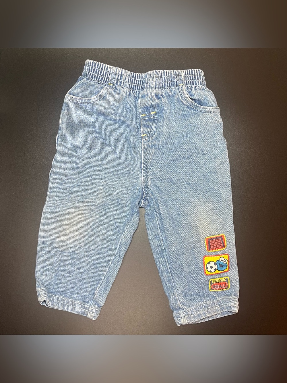 VTG Denim Blue Jeans Elmo Embroidered Sesame Street Soccer 6/9M Cookie Monster